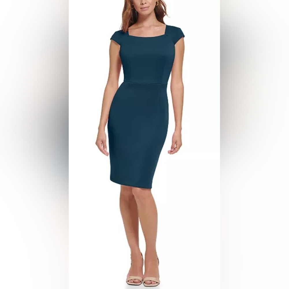 Calvin‎ Klein Green Scuba Cap Sleeve Sheath Dress Size 8